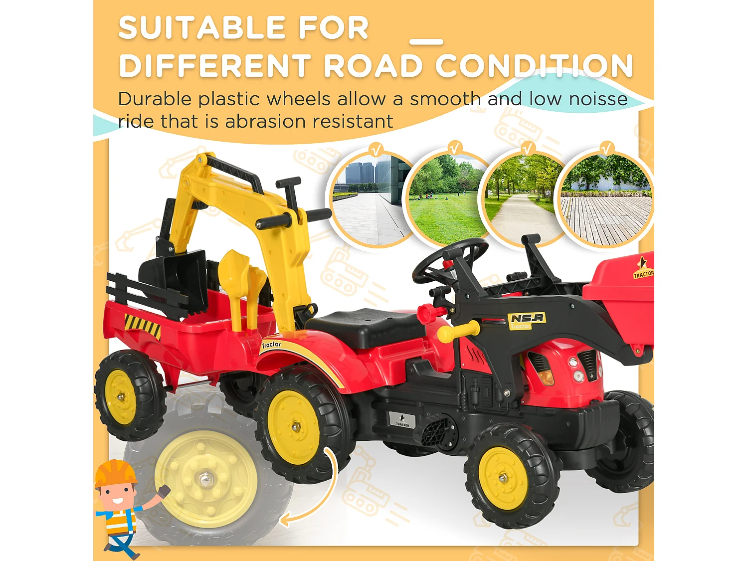 Ruspa giocattolo a pedali con pale e volante multicolore