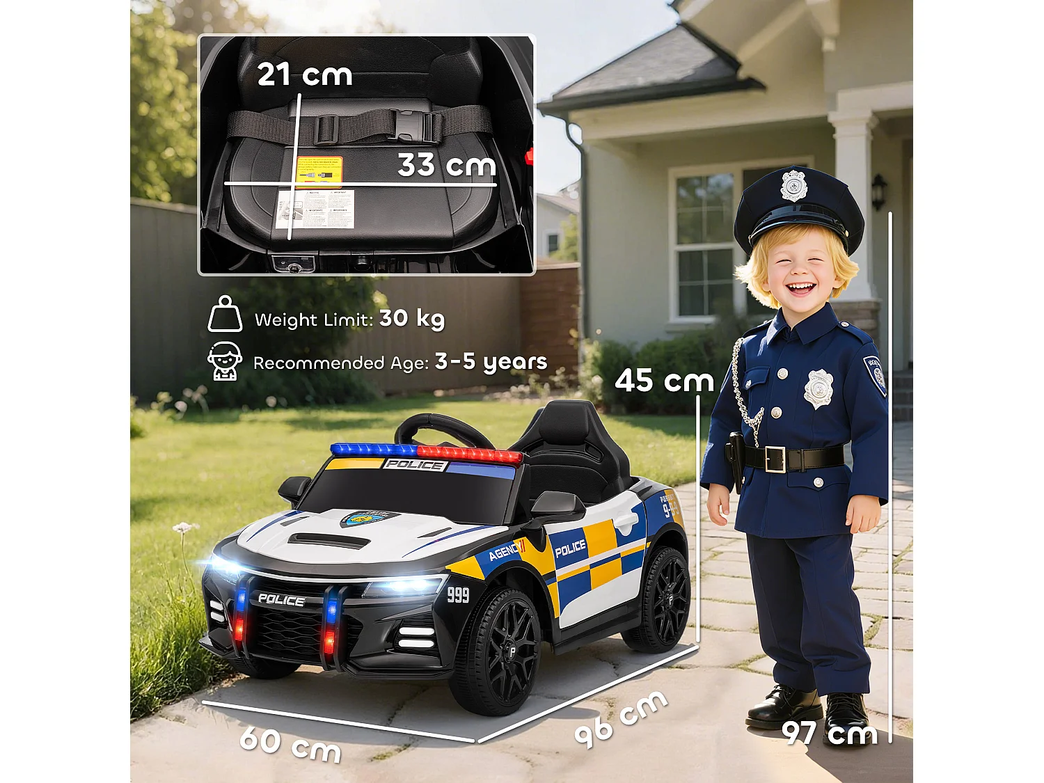 Macchina elettrica per bambini della polizia con telecomando e musica