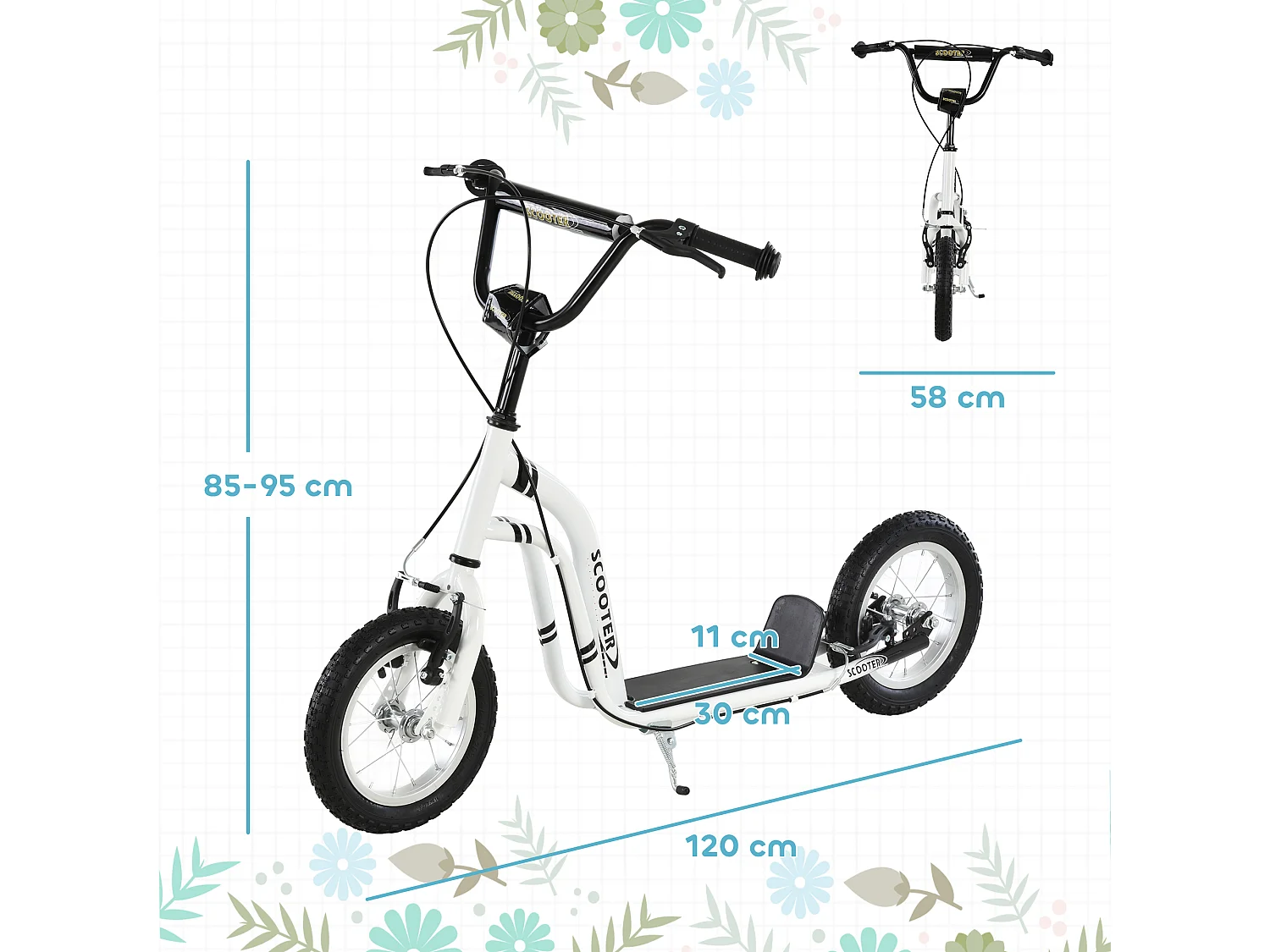 Monopattino con manubrio regolabile in acciaio 120x58x85-95 cm bianco