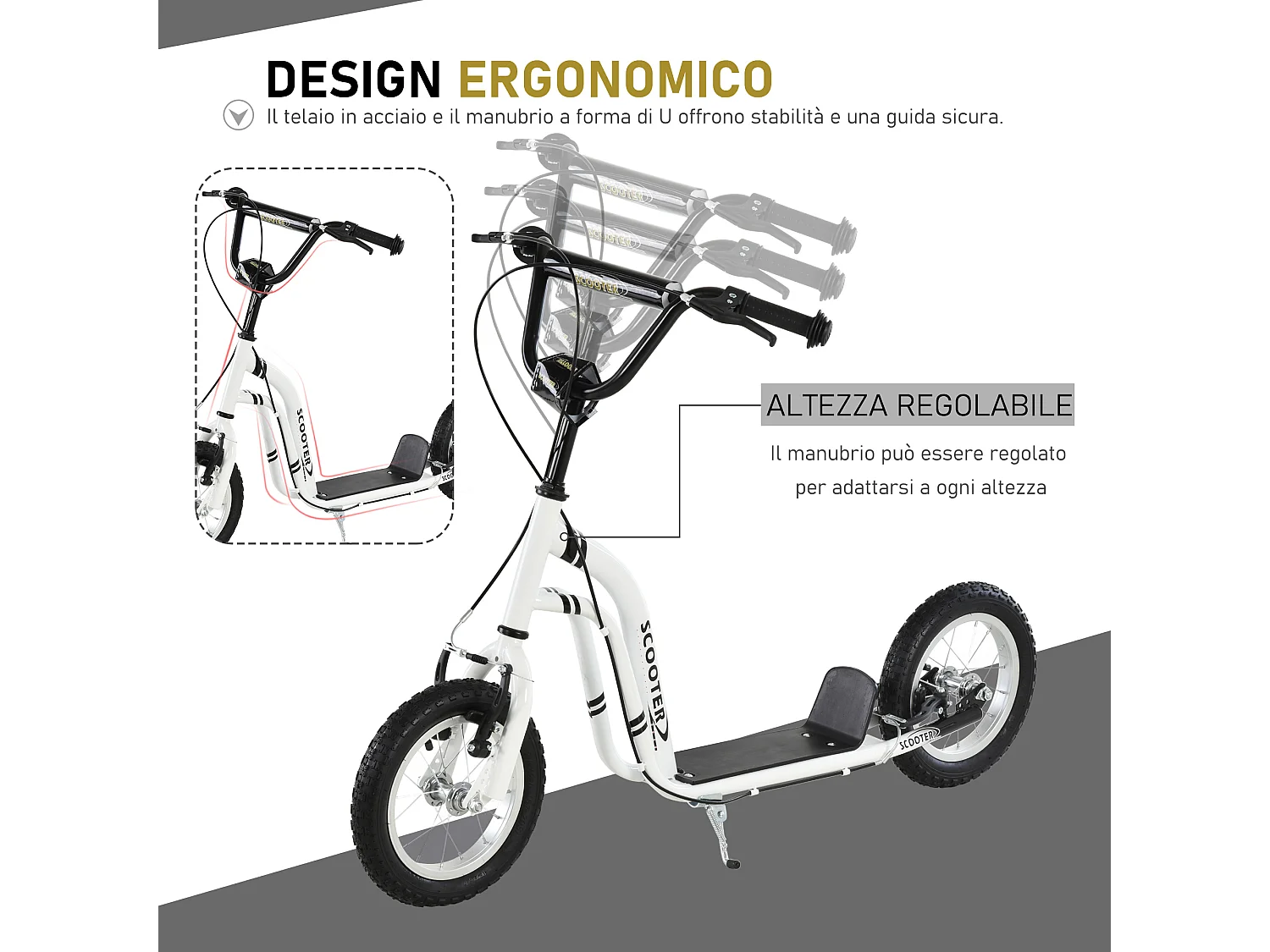 Monopattino con manubrio regolabile in acciaio 120x58x85-95 cm bianco