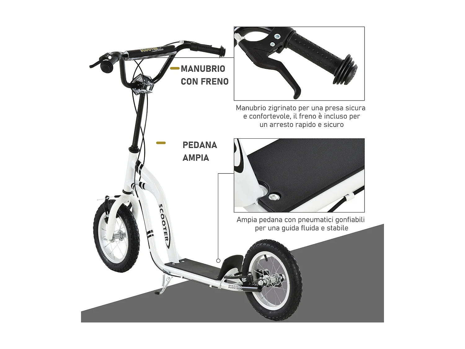 Monopattino con manubrio regolabile in acciaio 120x58x85-95 cm bianco