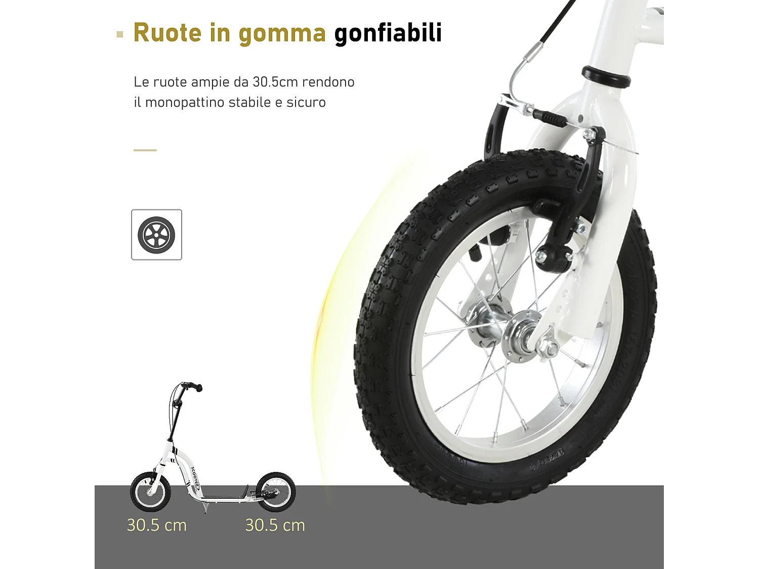 Monopattino con manubrio regolabile in acciaio 120x58x85-95 cm bianco