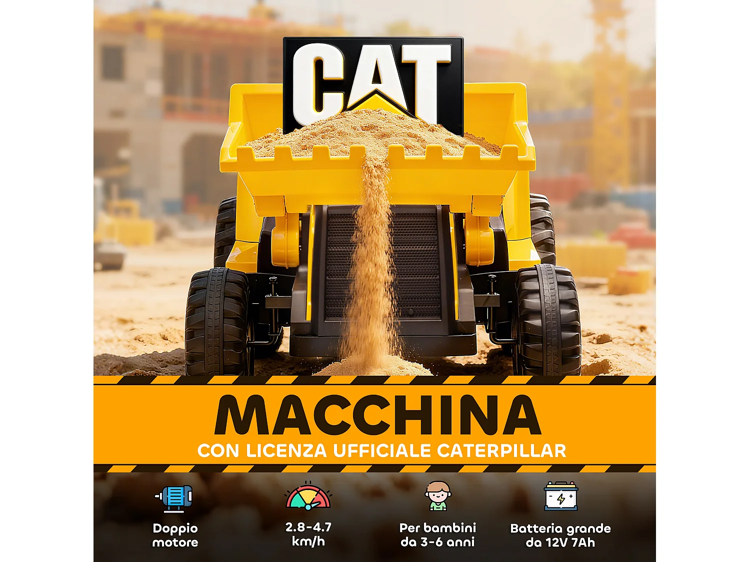 Ruspa elettrica per bambini 3-6 anni caterpillar con telecomando