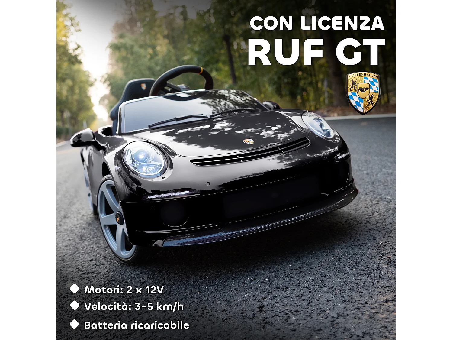 Macchina per bambini 3-5 anni con licenza ruf gt e telecomando nero