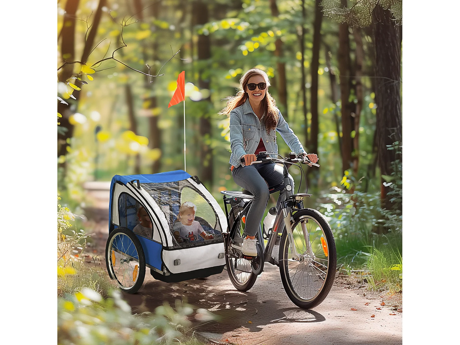 Rimorchio bici bambini con 2 posti in acciaio e tessuto oxford blu