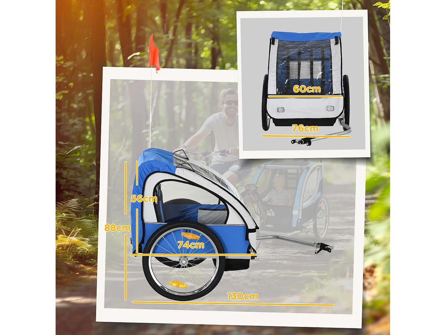 Rimorchio bici bambini con 2 posti in acciaio e tessuto oxford blu