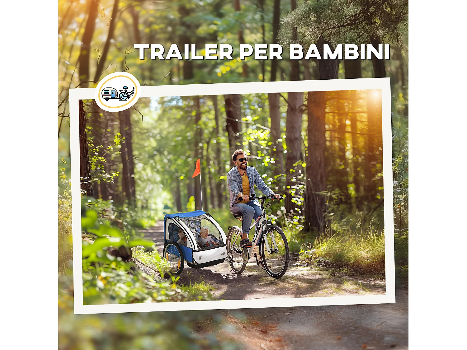 Rimorchio bici bambini con 2 posti in acciaio e tessuto oxford blu