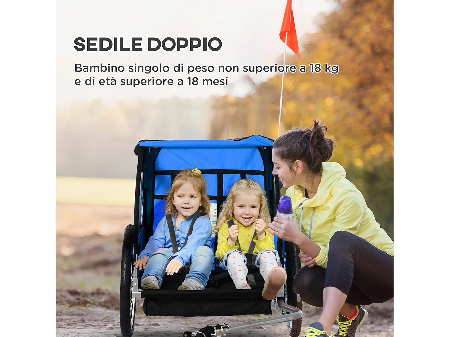 Rimorchio bici bambini con 2 posti in acciaio e tessuto oxford blu