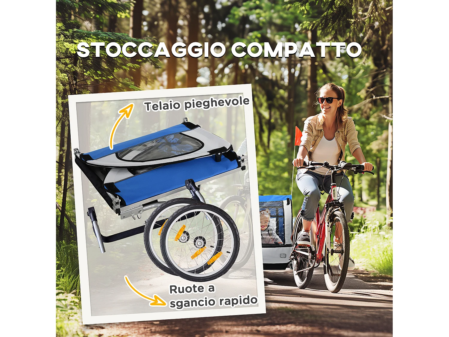 Rimorchio bici bambini con 2 posti in acciaio e tessuto oxford blu