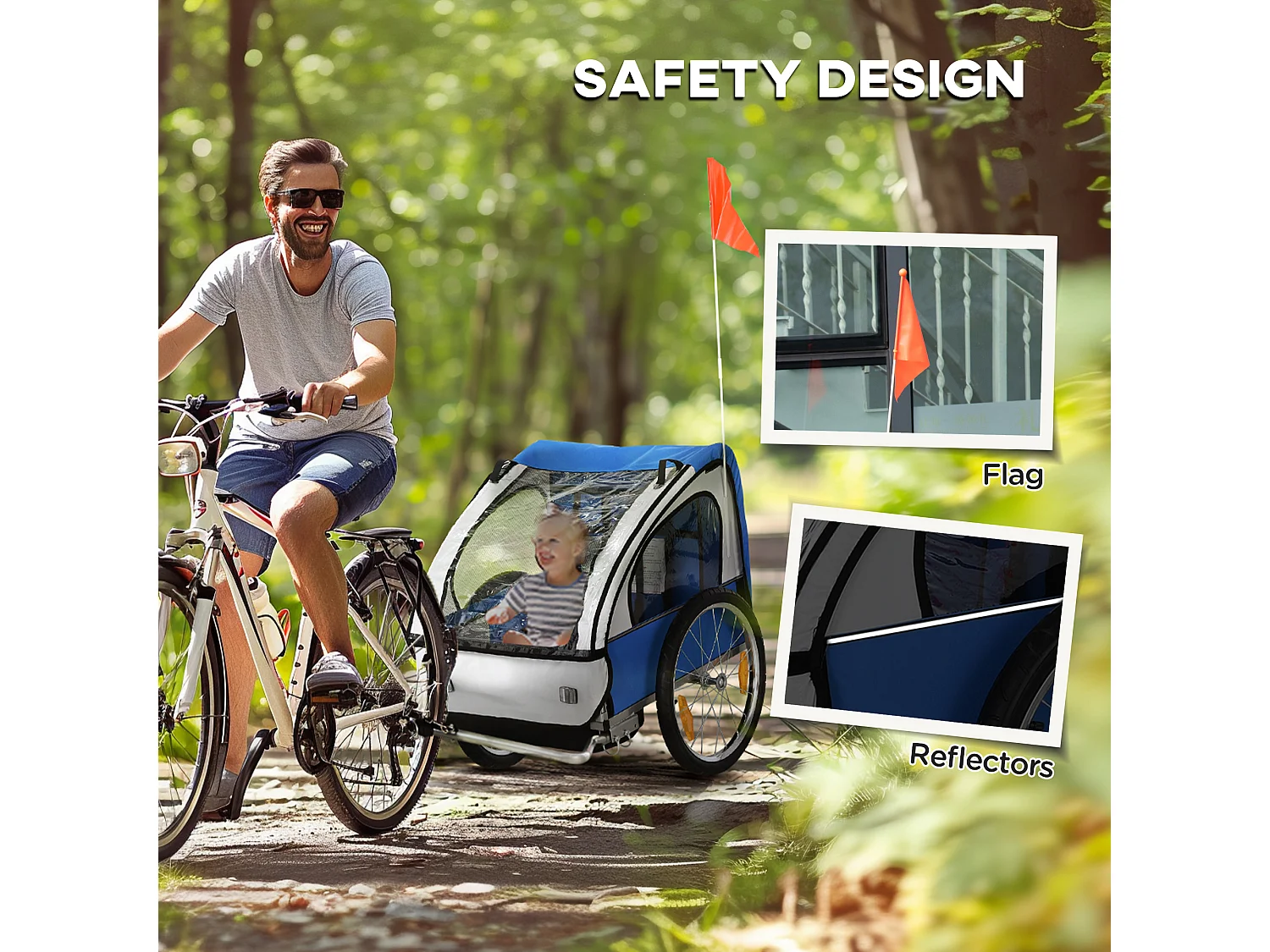 Rimorchio bici bambini con 2 posti in acciaio e tessuto oxford blu