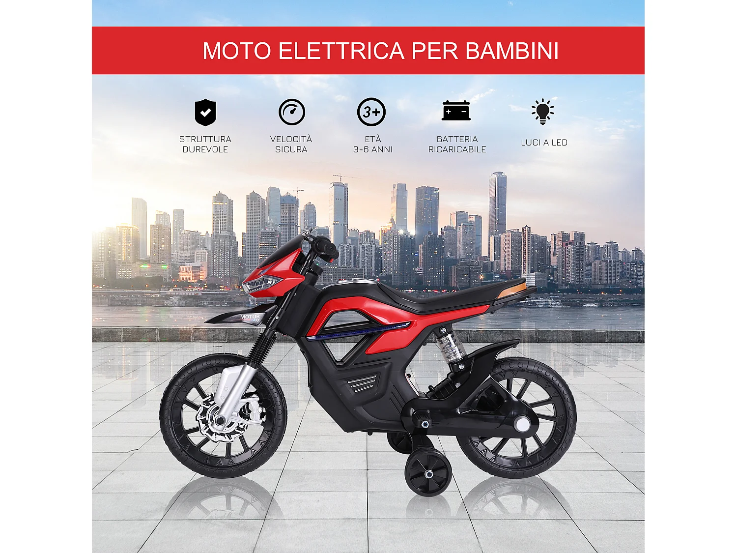 Moto elettrica per bambini 6v con rotelle e fari rossa