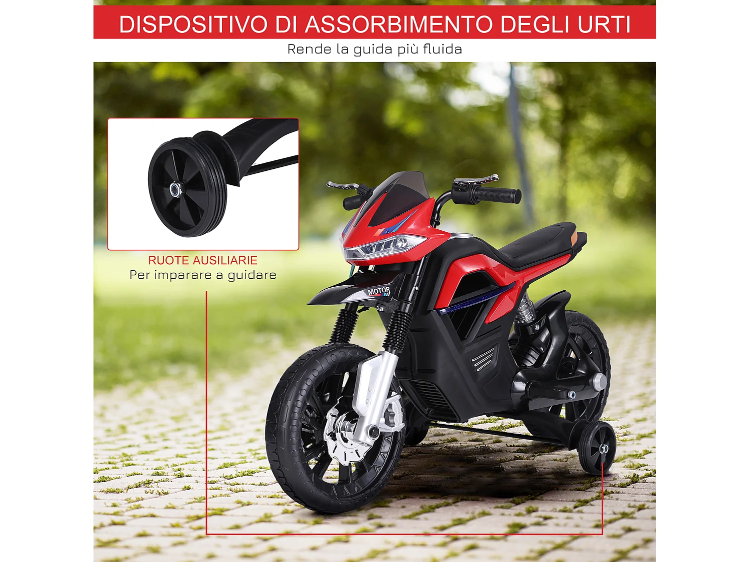 Moto elettrica per bambini 6v con rotelle e fari rossa