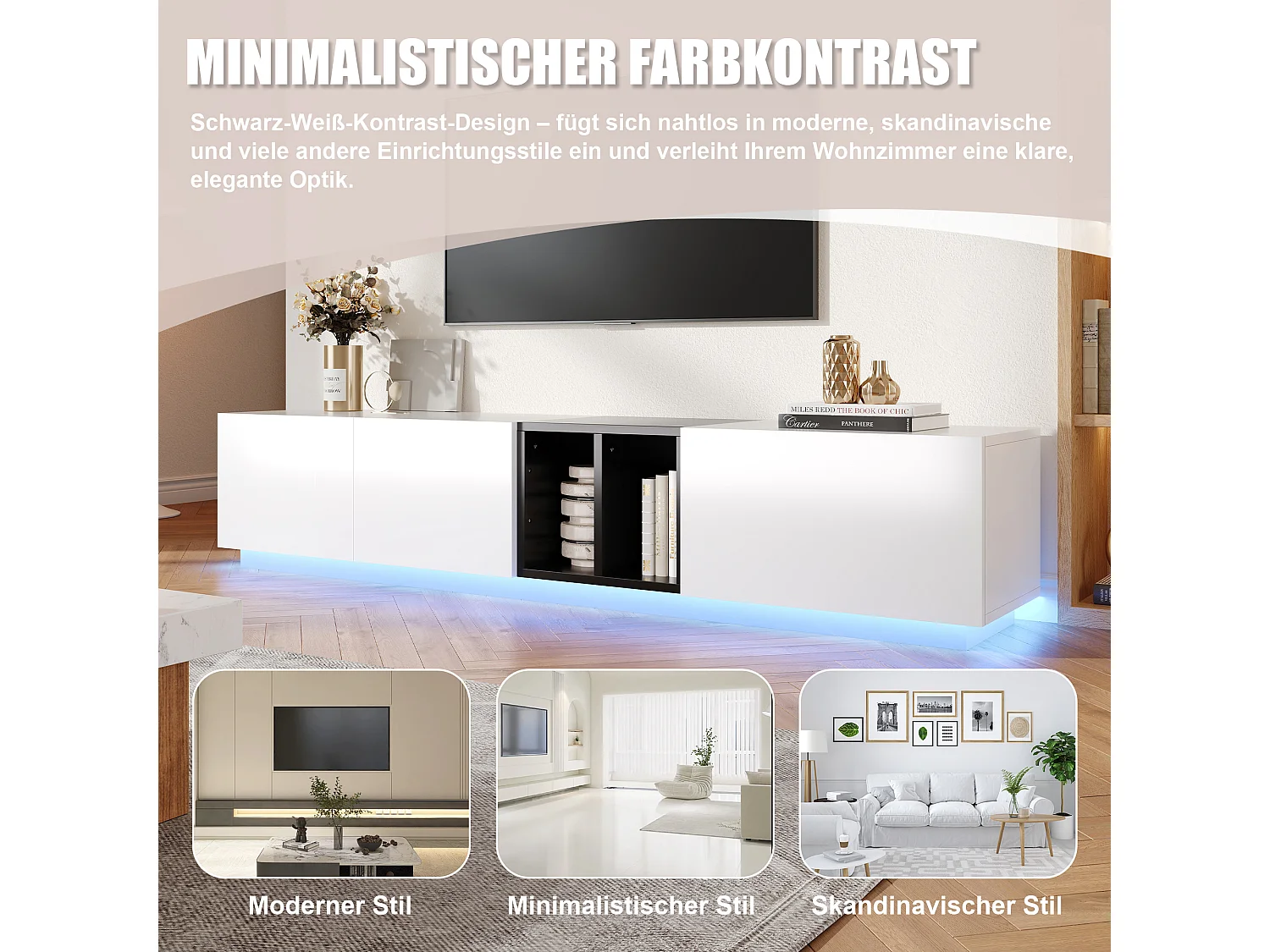 Moderner TV-Ständer – 190 x 40 x 35 cm – mit 1 Schublade, 2 Türen und offenen Fächern – Holz – weiß