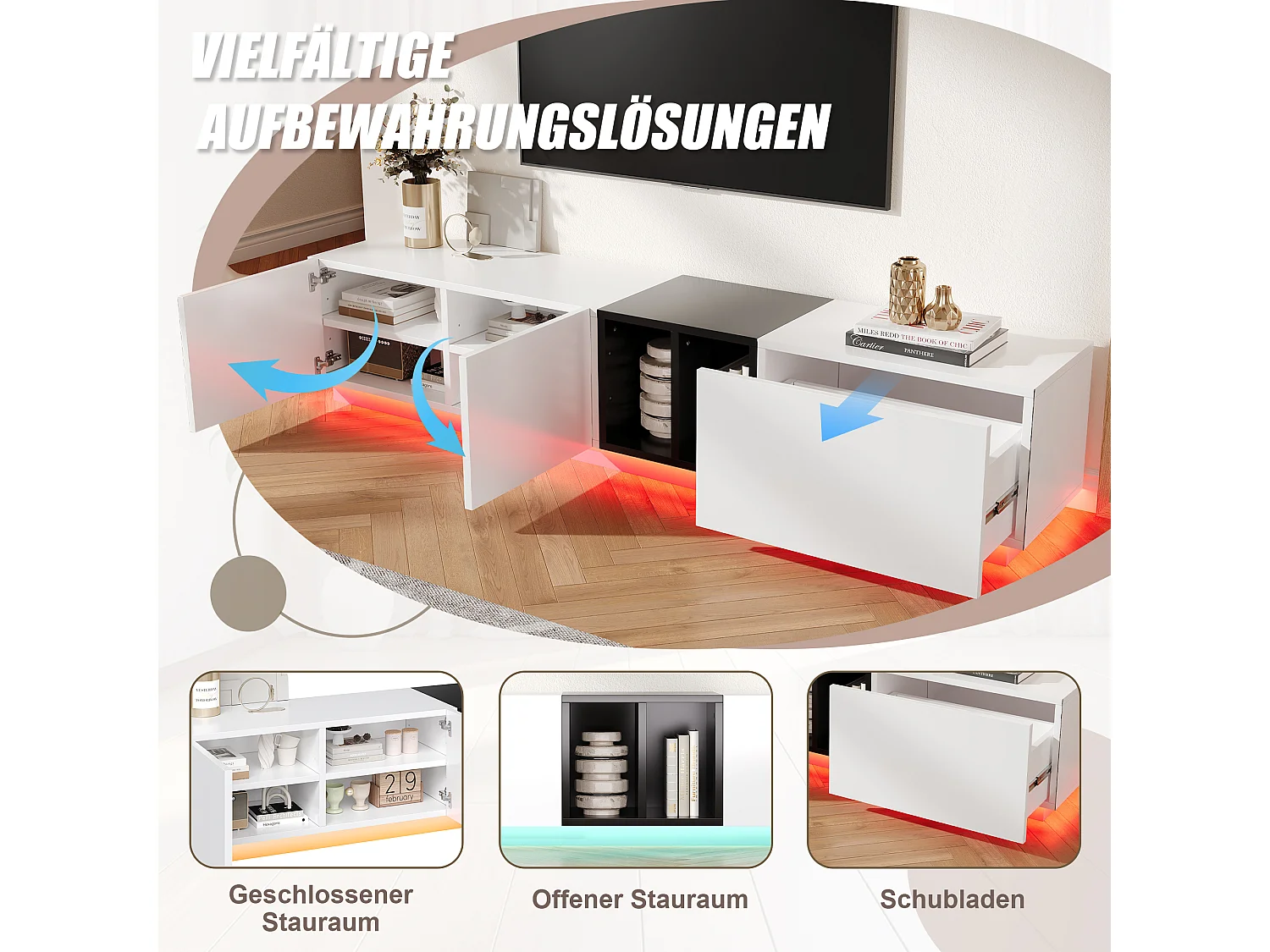 Nowoczesna szafka RTV - 190 x 40 x 35 cm - z 1 szufladą + 2 drzwiami + przegródkami - drewno - biała