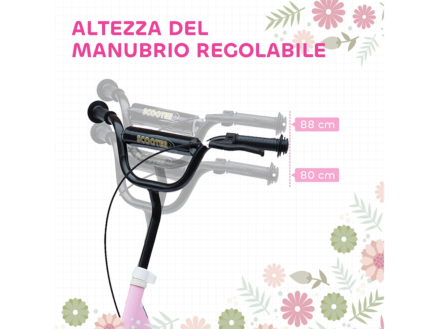 Monopattino per bambini con freno posteriore manubrio regolabile rosa