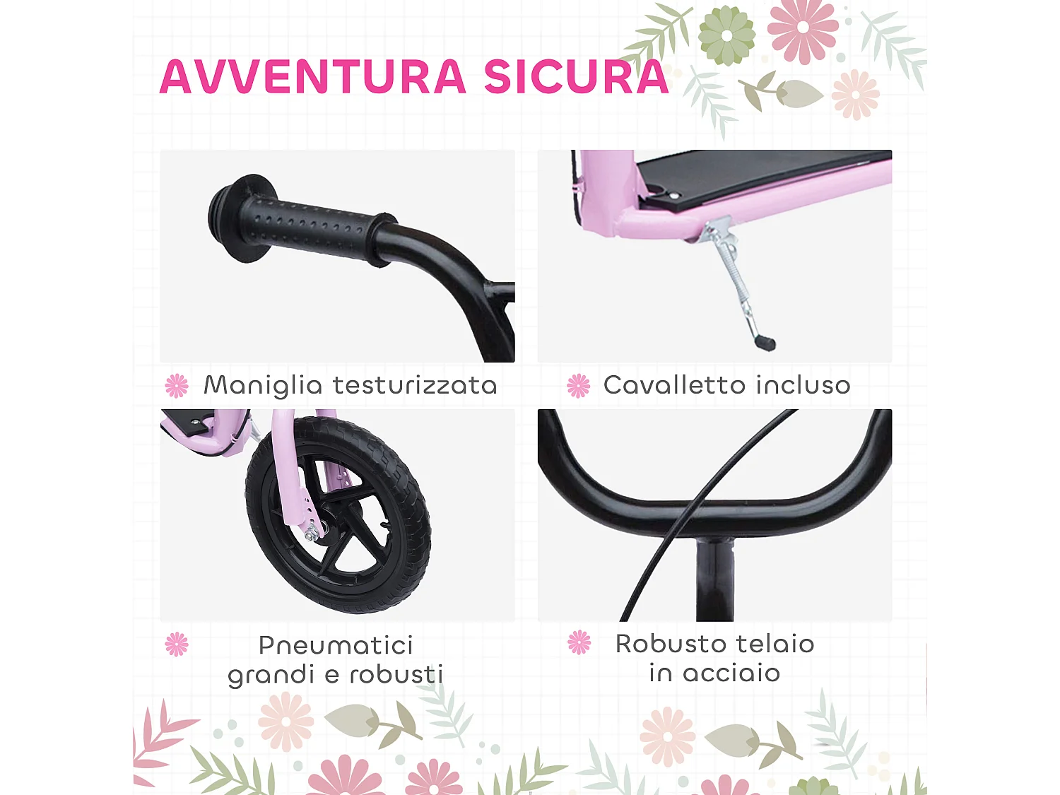 Monopattino per bambini con freno posteriore manubrio regolabile rosa