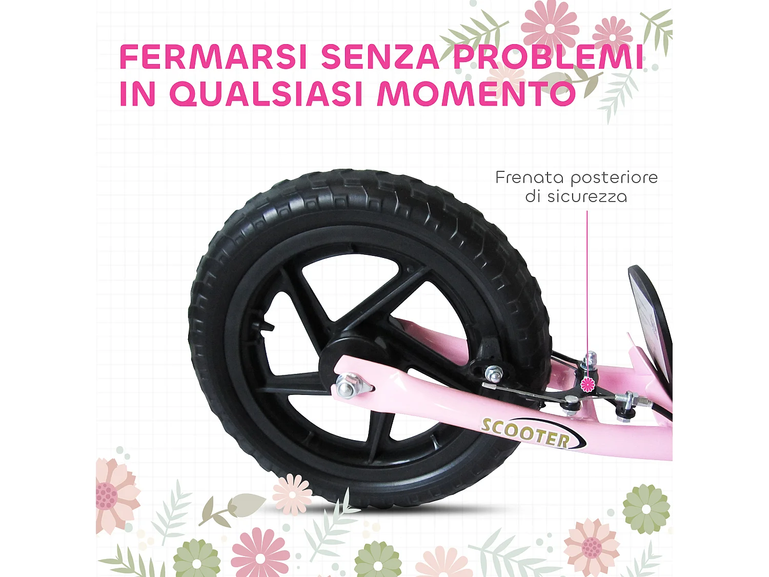 Monopattino per bambini con freno posteriore manubrio regolabile rosa