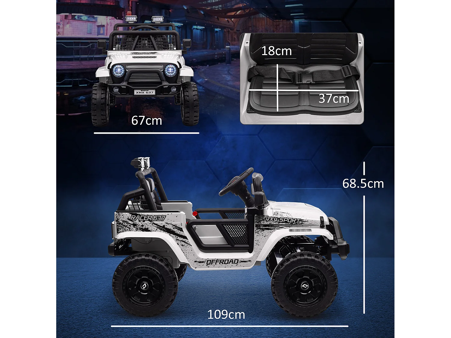 Macchina per bambini 3-6 anni fuoristrada 12v con telecomando bianco