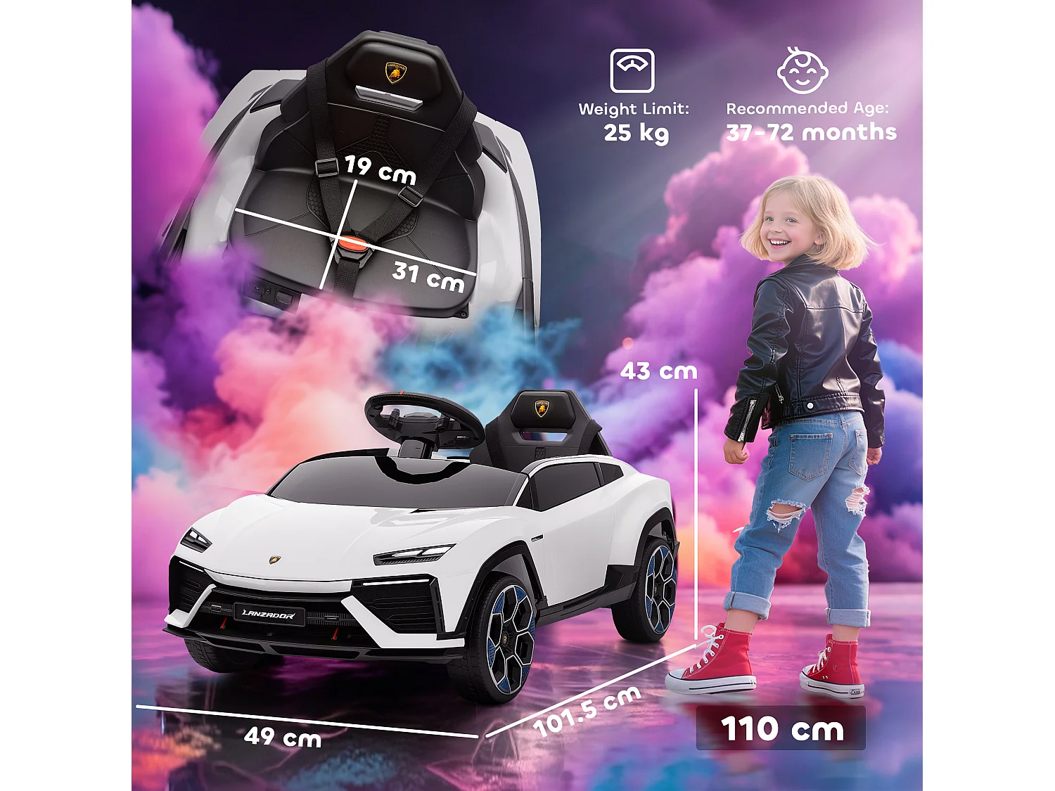 Macchina per bambini licenza lamborghini 101.5x49x43 cm bianca