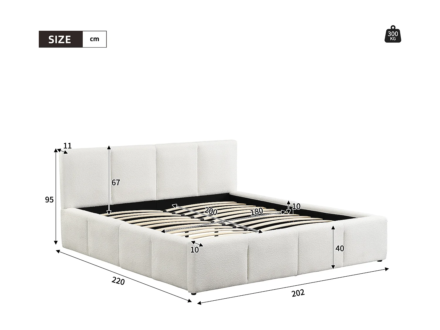 Lit double capitonné - 180 x 200 cm - avec sommier à lattes + tête de lit - boucle - beige
