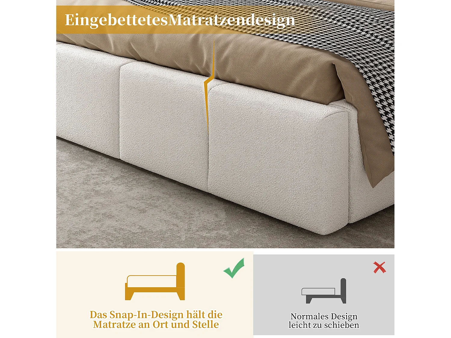 Gepolstertes Doppelbett – 180 x 200 cm – mit Lattenrost und Kopfteil – Schnallenverschluss – beige