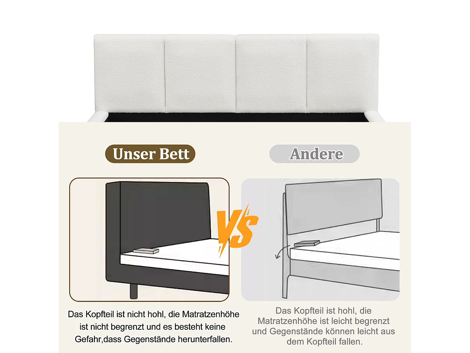 Gepolstertes Doppelbett – 180 x 200 cm – mit Lattenrost und Kopfteil – Schnallenverschluss – beige