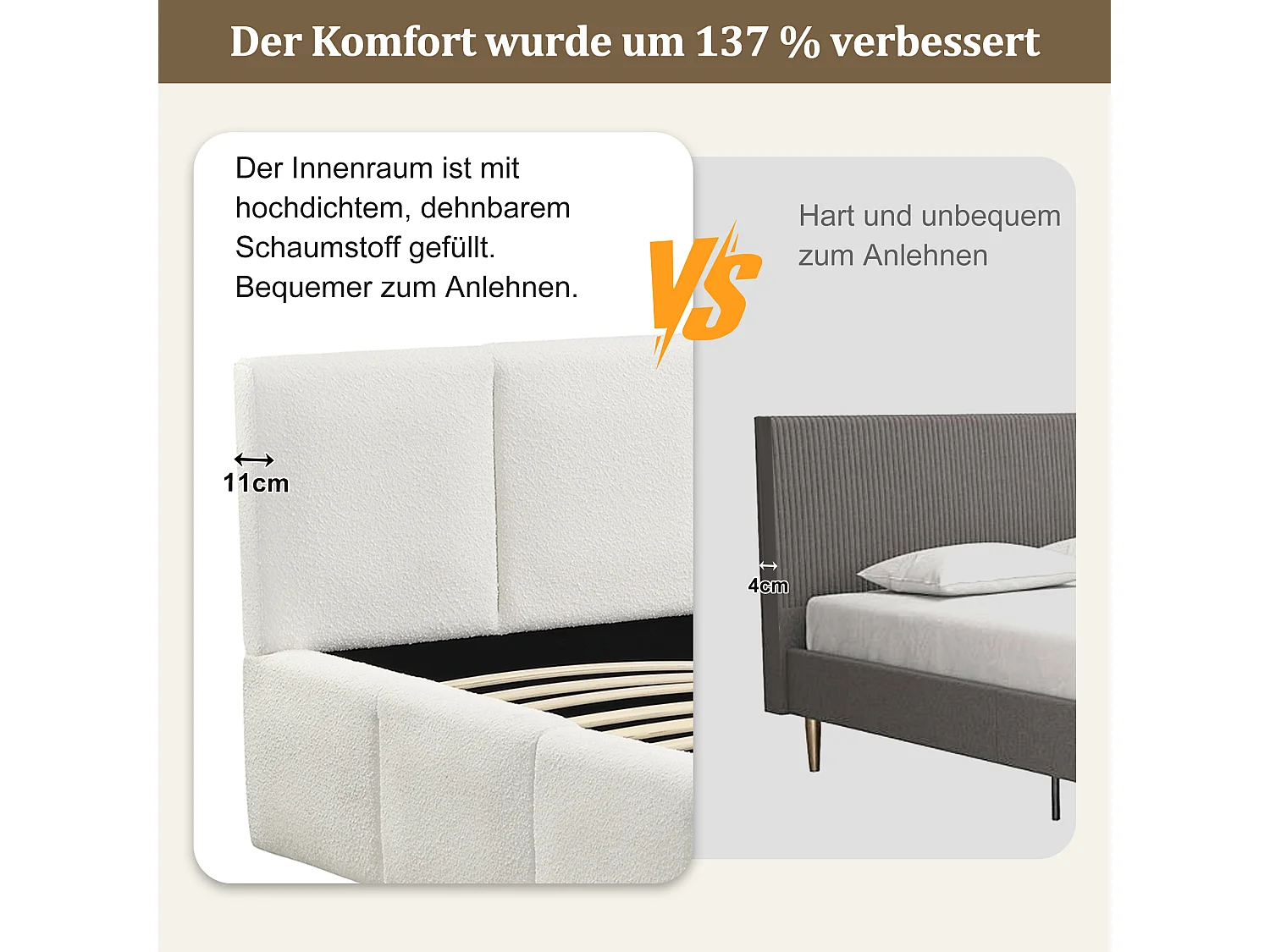 Gepolstertes Doppelbett – 180 x 200 cm – mit Lattenrost und Kopfteil – Schnallenverschluss – beige