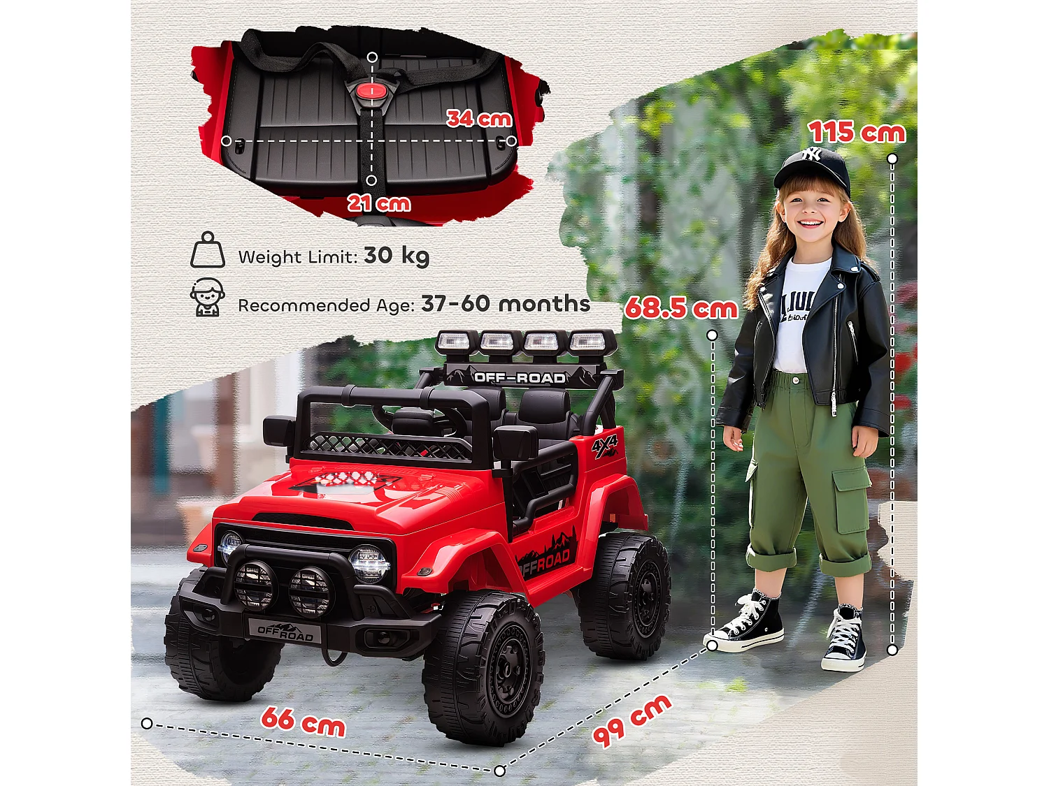 Fuoristrada per bambini con fanali, clacson e cintura rosso