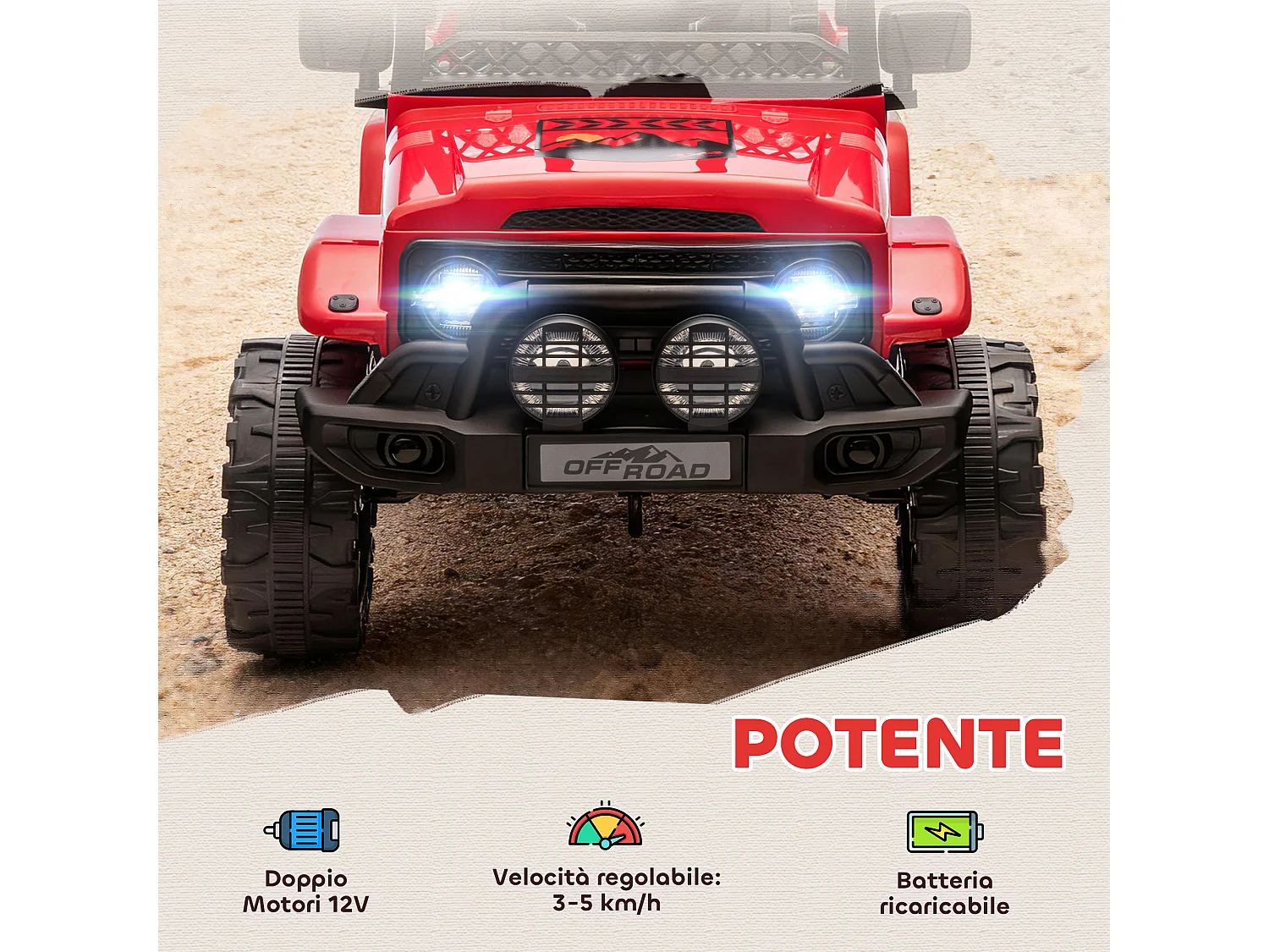 Fuoristrada per bambini con fanali, clacson e cintura rosso