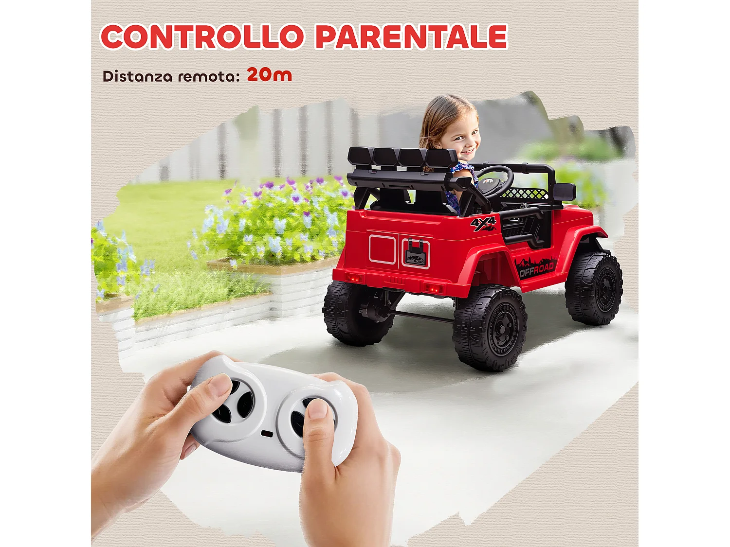 Fuoristrada per bambini con fanali, clacson e cintura rosso