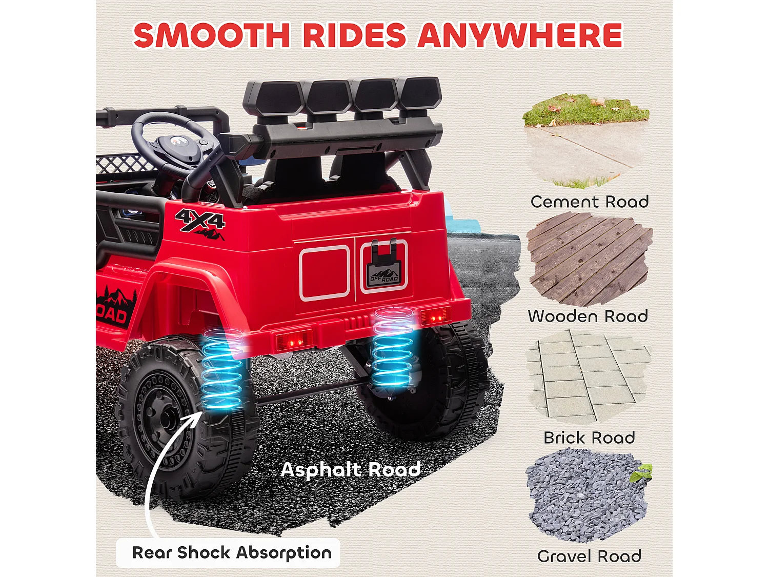 Fuoristrada per bambini con fanali, clacson e cintura rosso