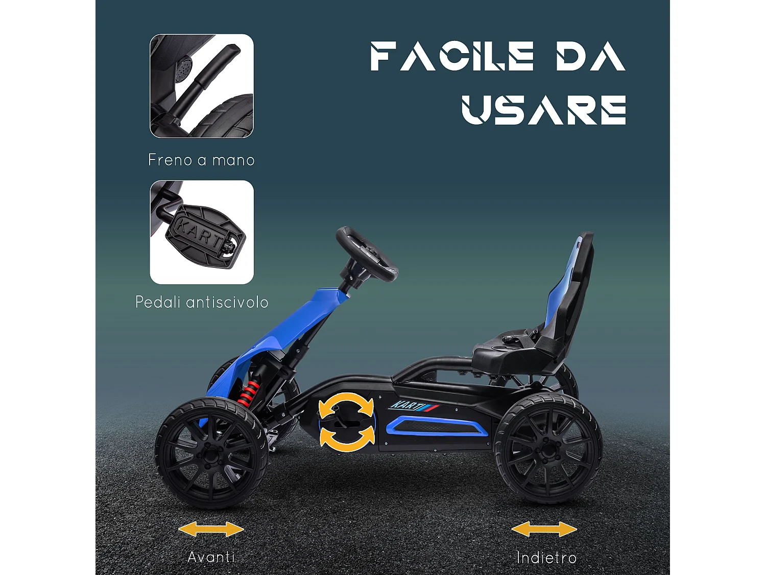 Go kart bambini 3-8 anni ruote EVA freno blu e nero