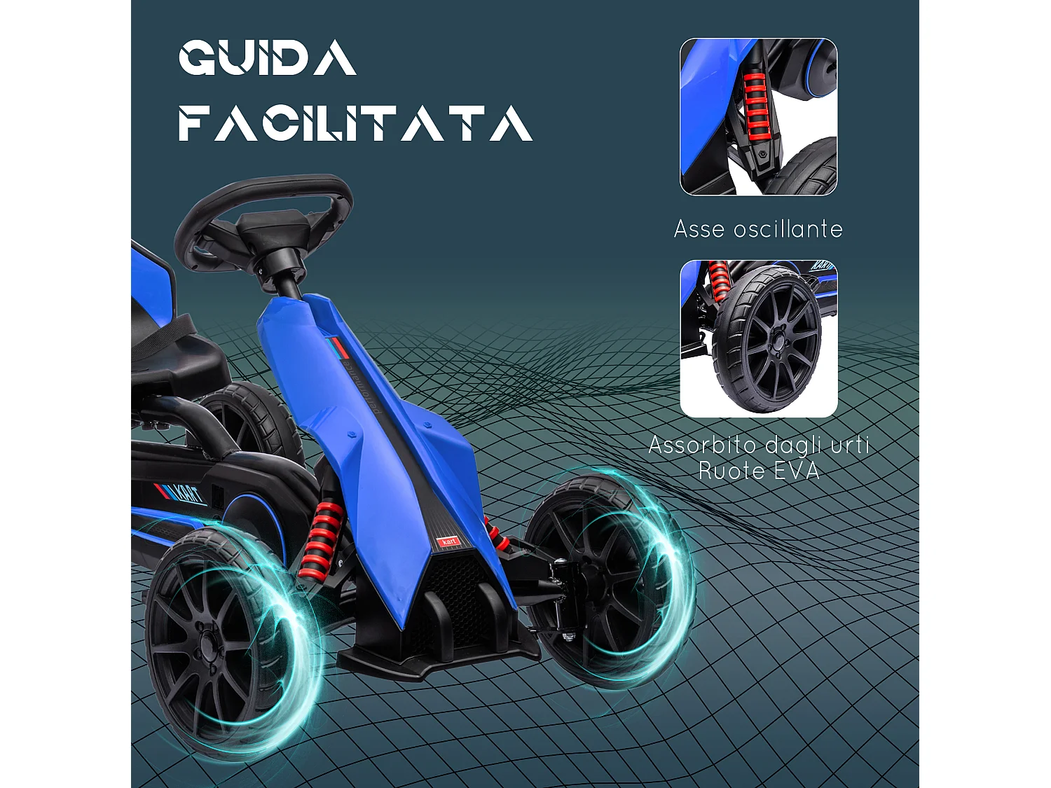 Go kart bambini 3-8 anni ruote EVA freno blu e nero