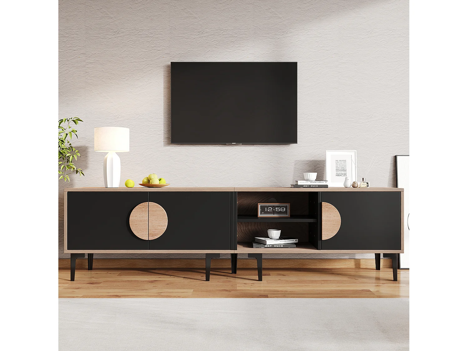 Niedriger TV-Ständer fürs Wohnzimmer – 180 x 35 x 49 cm – mit 3 Türen + offenen Regalen – für 80-Zoll-Fernseher – Spanplatte – schwarz