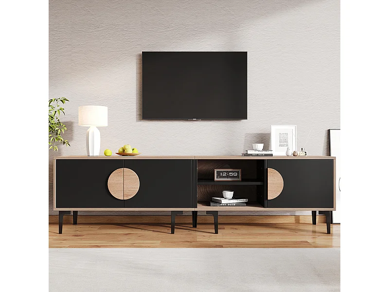 Meuble TV bas pour salon - 180 x 35 x 49 cm - avec 3 portes + étagères ouvertes - pour TV 80 pouces - aggloméré - noir