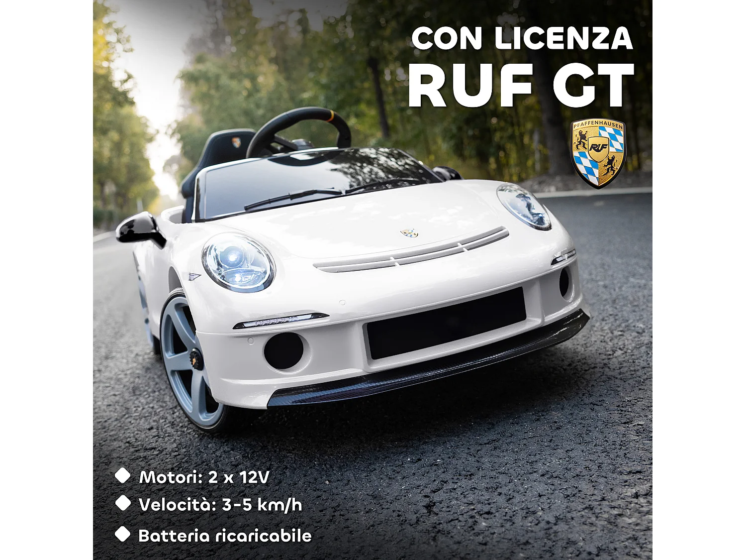 Macchina per bambini 3-5 anni con licenza ruf gt e telecomando bianco