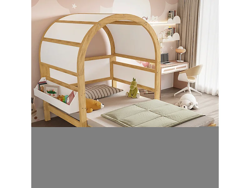 Lit à toit arqué extensible enfant - 140 x 200 cm - petite étagère latérale - pin et MDF - blanc et naturel