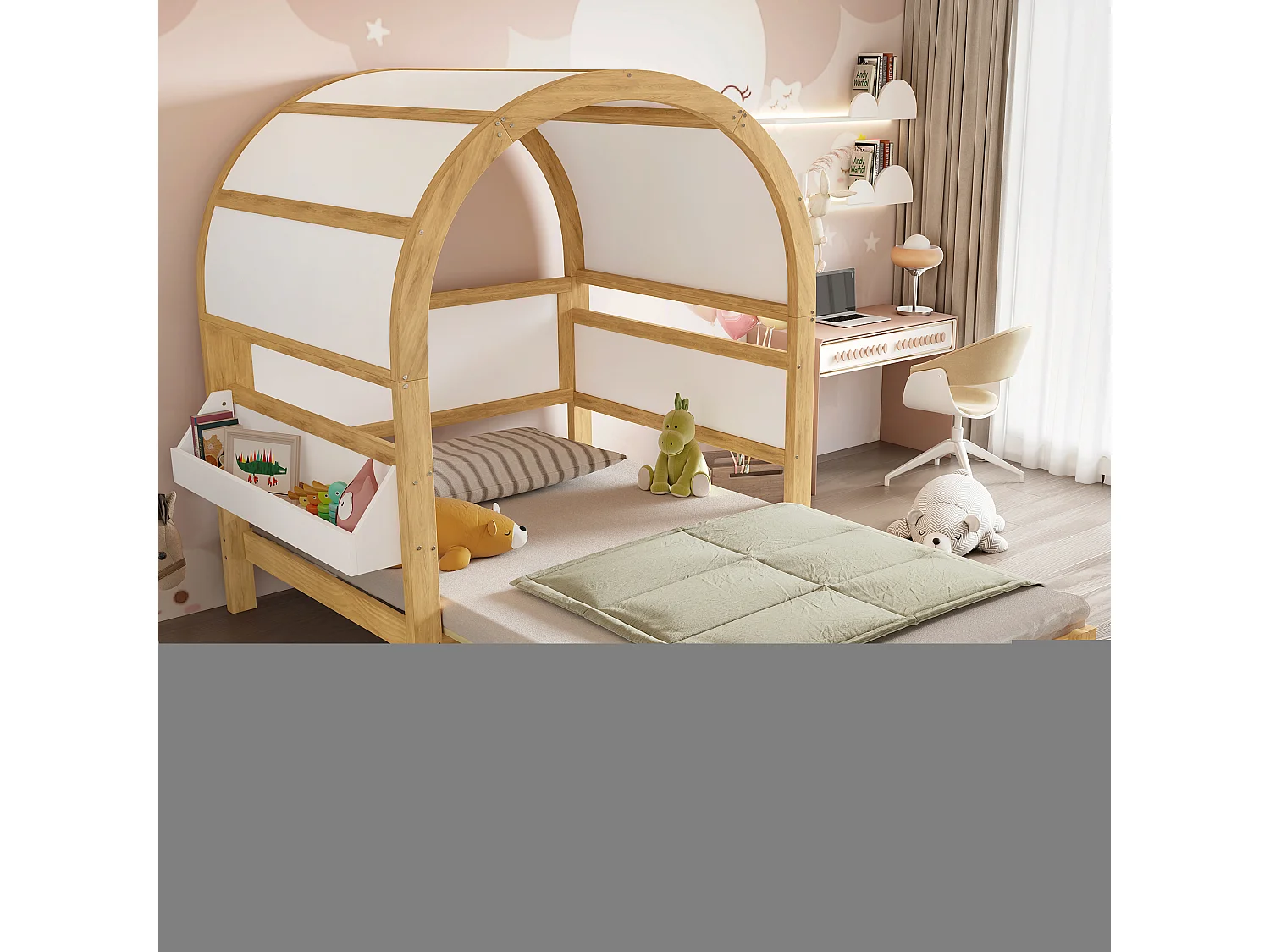 Lit à toit arqué extensible enfant - 140 x 200 cm - petite étagère latérale - pin et MDF - blanc et naturel