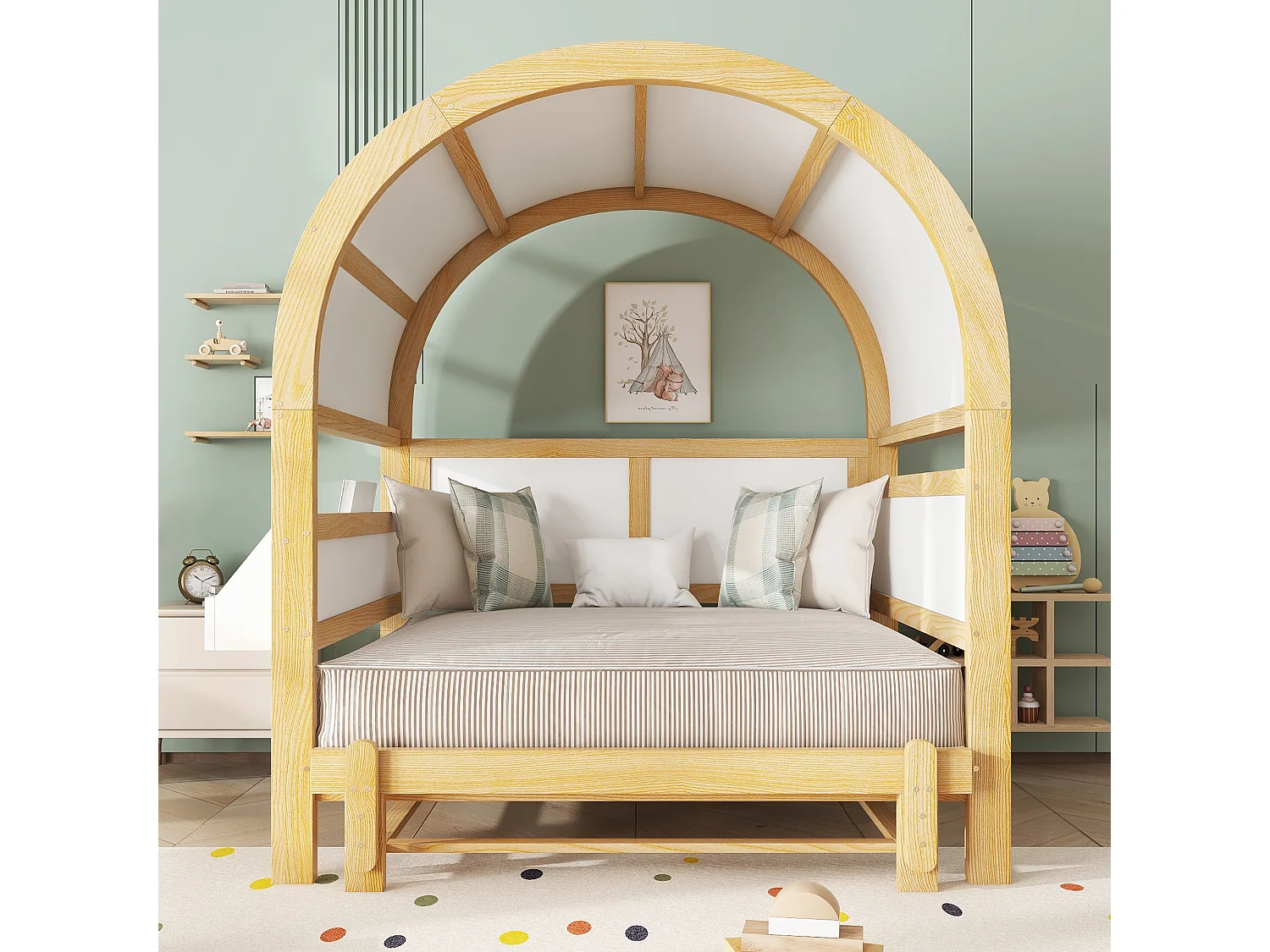 Ausziehbares Kinderbett mit gewölbtem Dach – 140 x 200 cm – kleines Seitenregal – Kiefernholz und MDF – weiß und natur