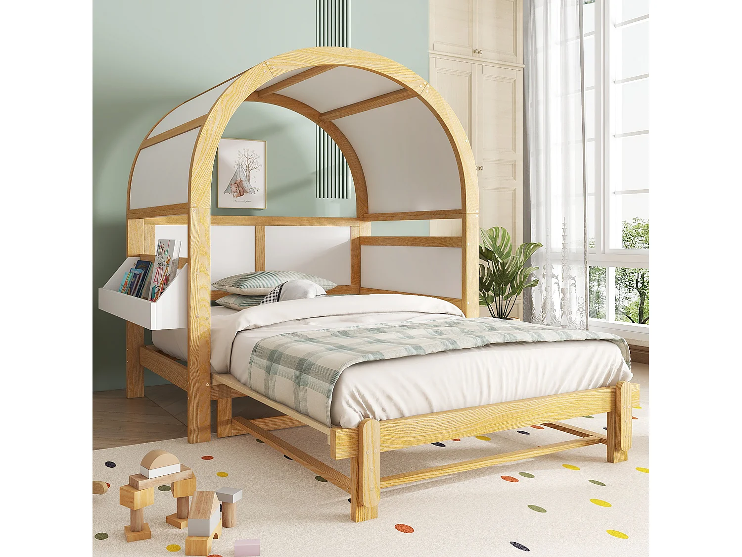 Ausziehbares Kinderbett mit gewölbtem Dach – 140 x 200 cm – kleines Seitenregal – Kiefernholz und MDF – weiß und natur