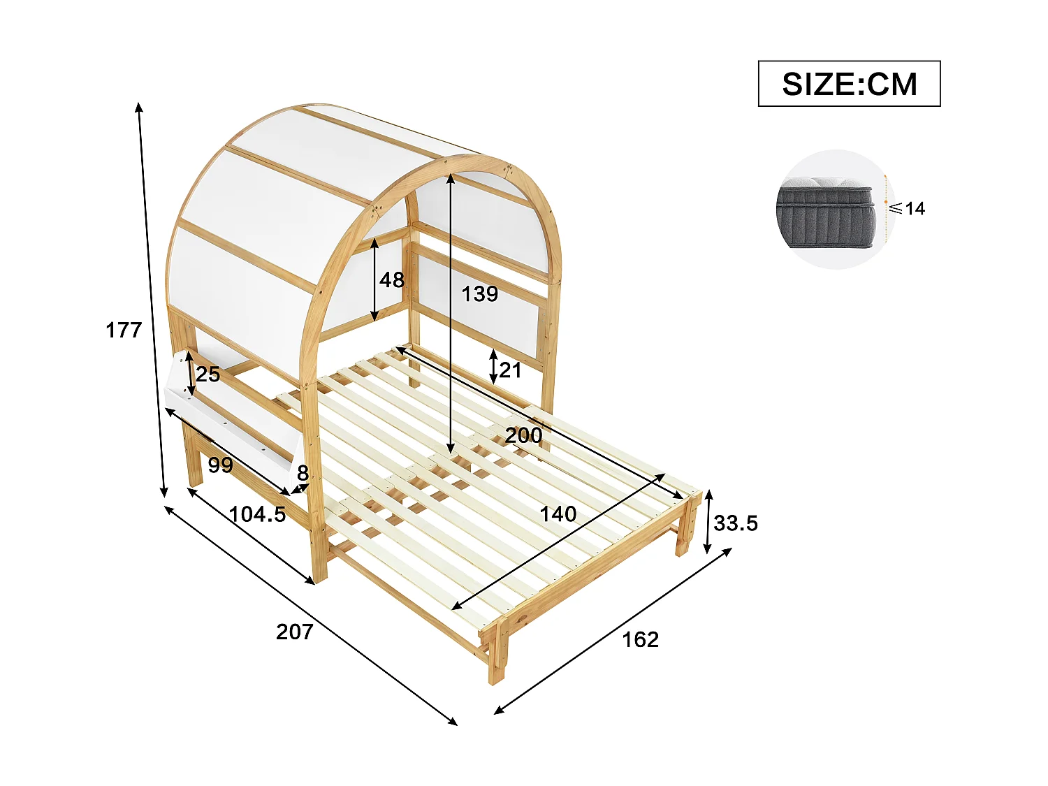 Ausziehbares Kinderbett mit gewölbtem Dach – 140 x 200 cm – kleines Seitenregal – Kiefernholz und MDF – weiß und natur