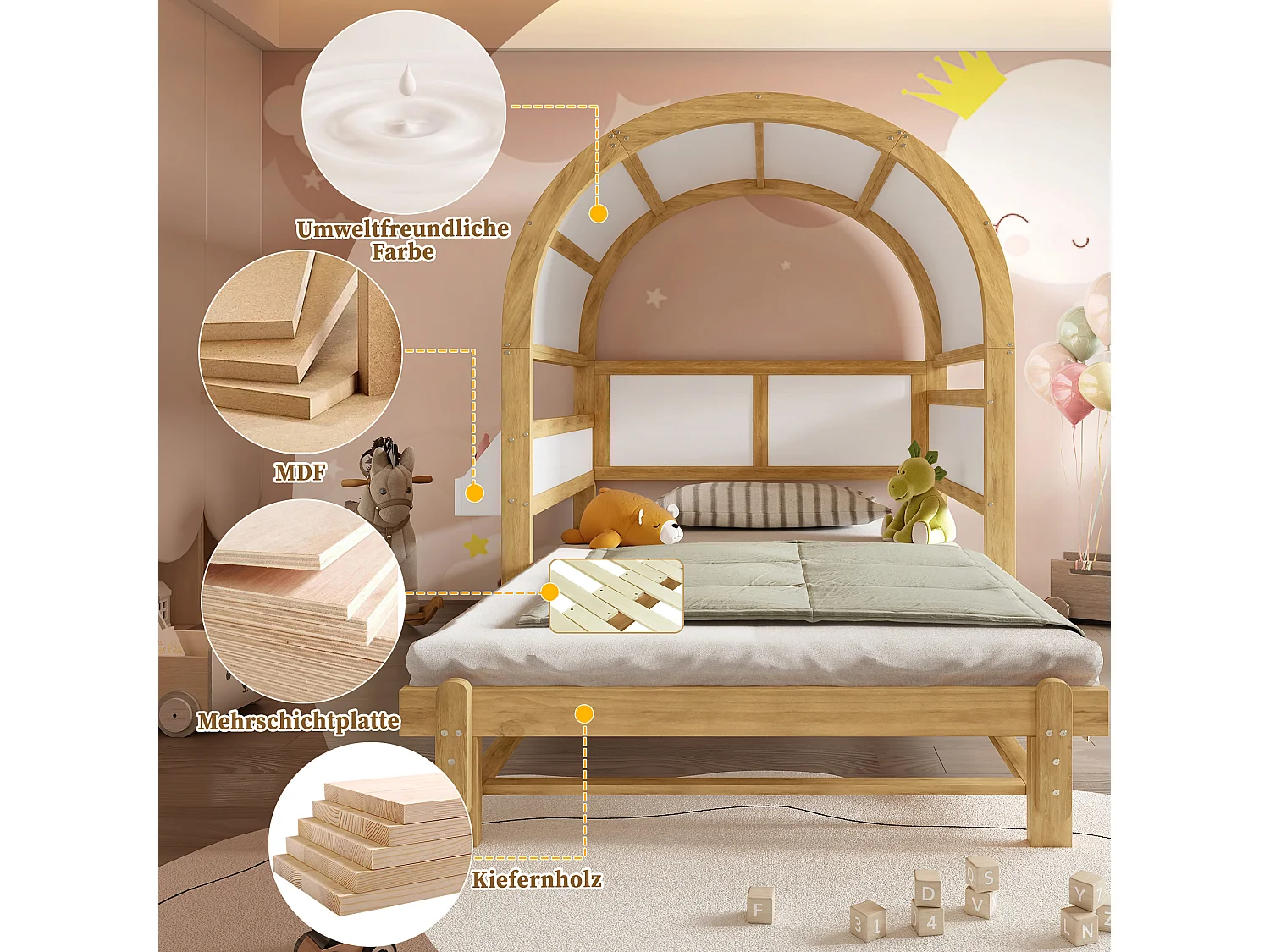 Ausziehbares Kinderbett mit gewölbtem Dach – 140 x 200 cm – kleines Seitenregal – Kiefernholz und MDF – weiß und natur