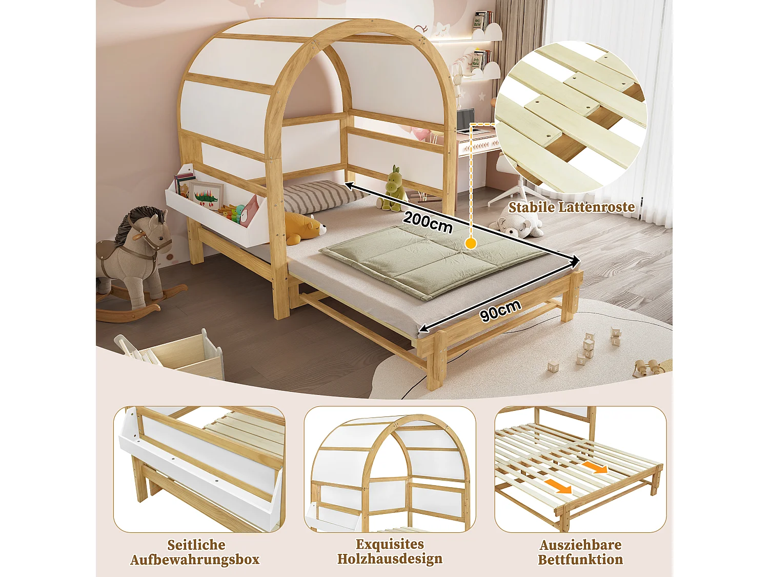 Ausziehbares Kinderbett mit gewölbtem Dach – 140 x 200 cm – kleines Seitenregal – Kiefernholz und MDF – weiß und natur