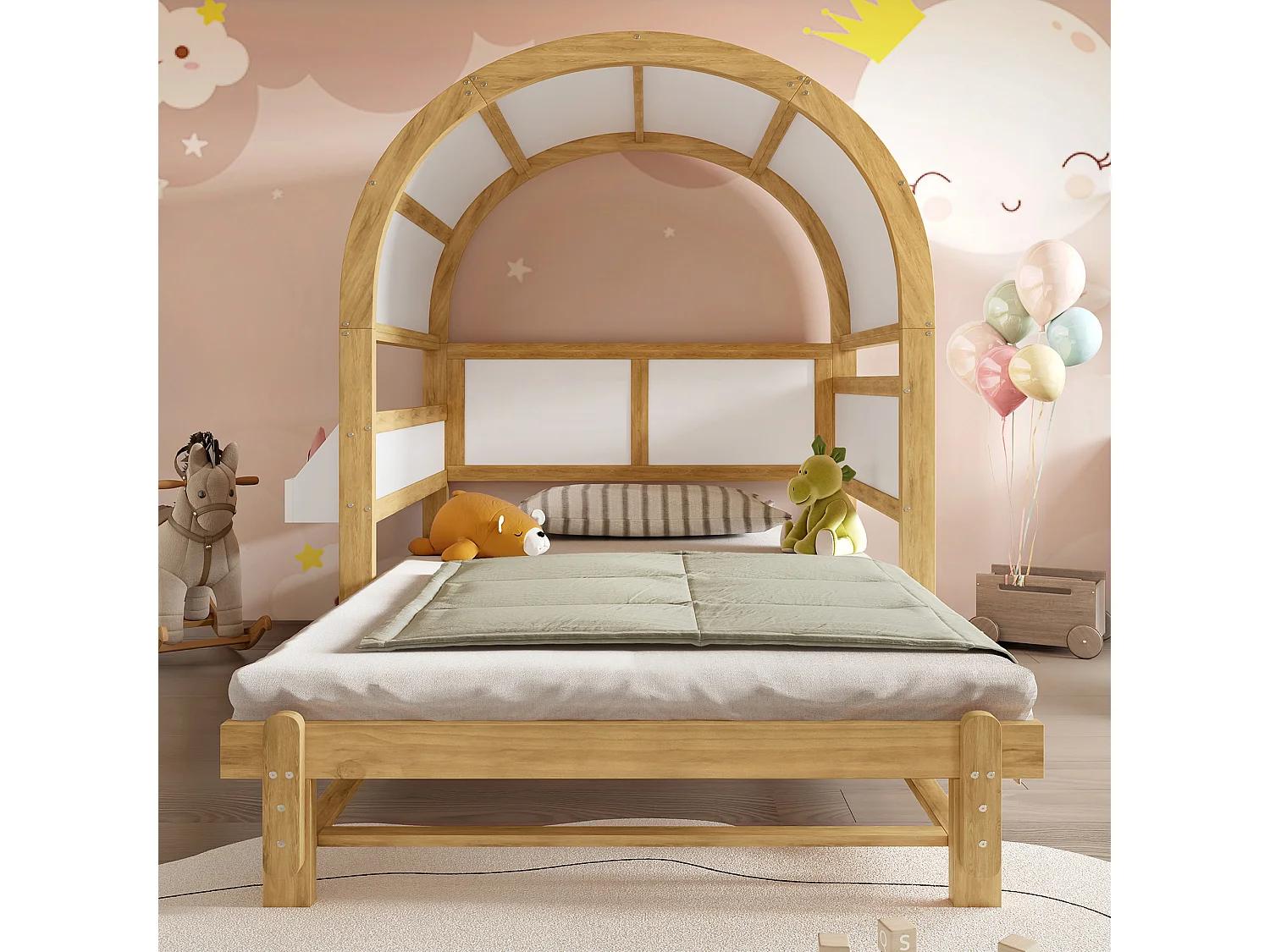 Lit à toit arqué extensible enfant - 140 x 200 cm - petite étagère latérale - pin et MDF - blanc et naturel