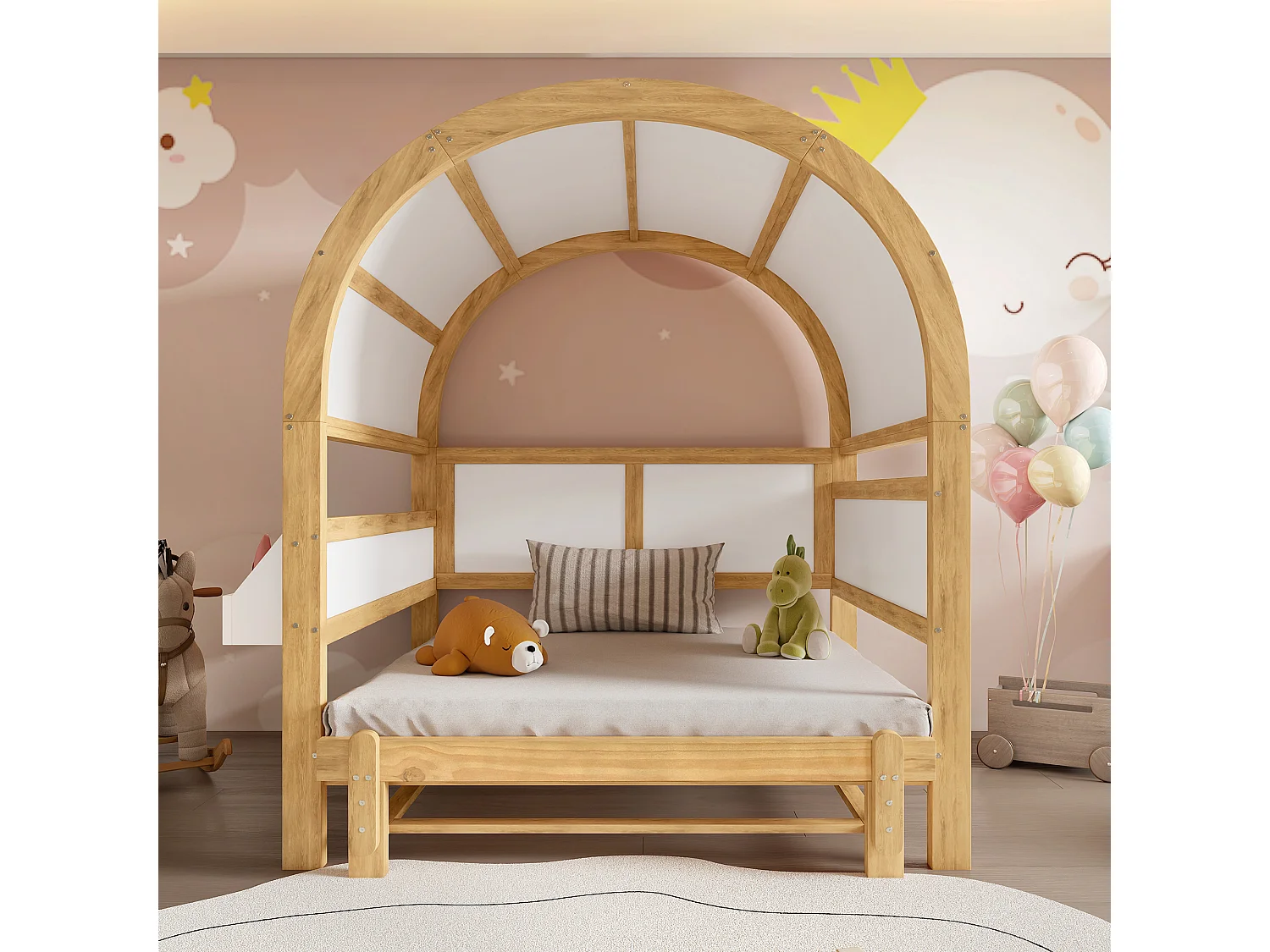 Lit à toit arqué extensible enfant - 140 x 200 cm - petite étagère latérale - pin et MDF - blanc et naturel