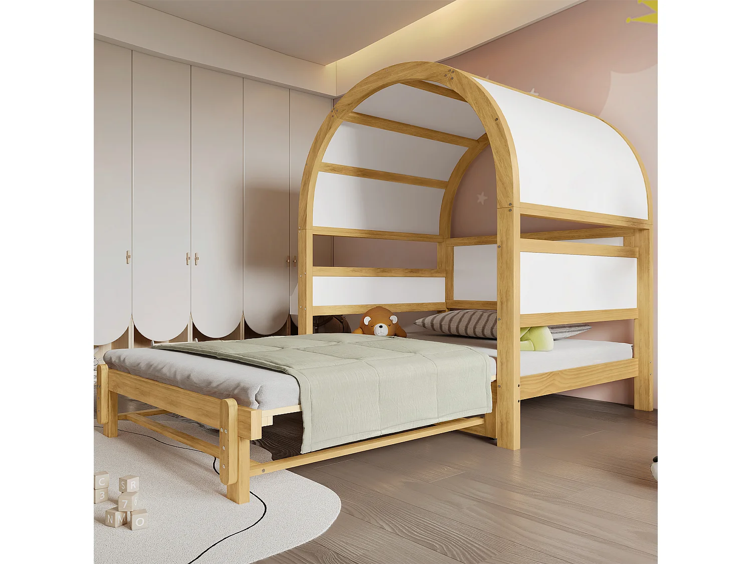 Lit à toit arqué extensible enfant - 140 x 200 cm - petite étagère latérale - pin et MDF - blanc et naturel
