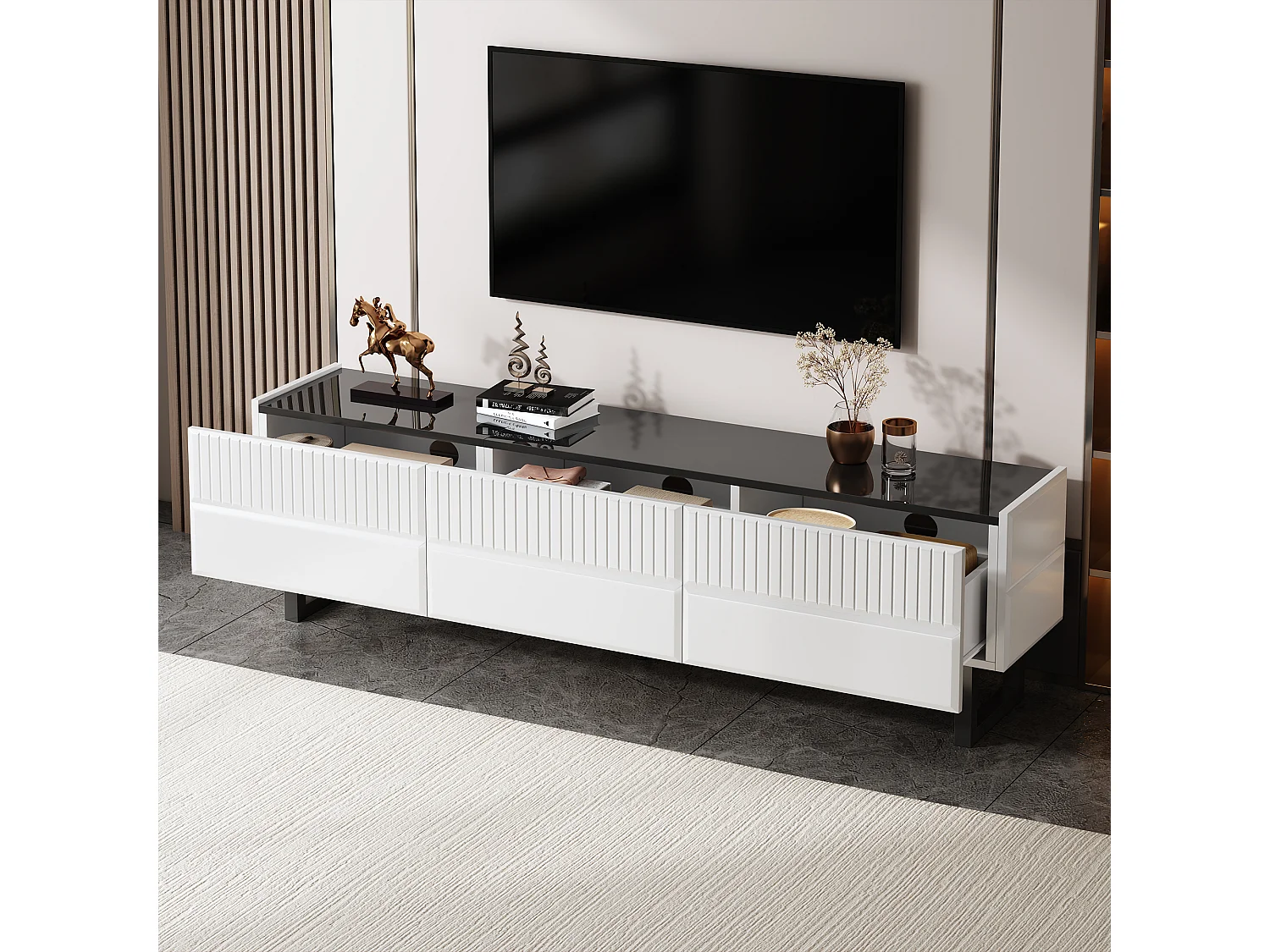 Moderner, niedriger TV-Ständer – 170 x 35 x 47 cm – mit 3 Schubladen – Klassisches Design – MDF – schwarz-weiß