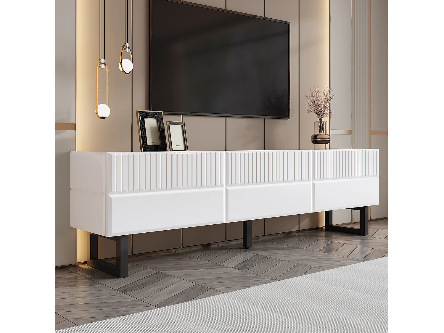 Moderner, niedriger TV-Ständer – 170 x 35 x 47 cm – mit 3 Schubladen – Klassisches Design – MDF – schwarz-weiß