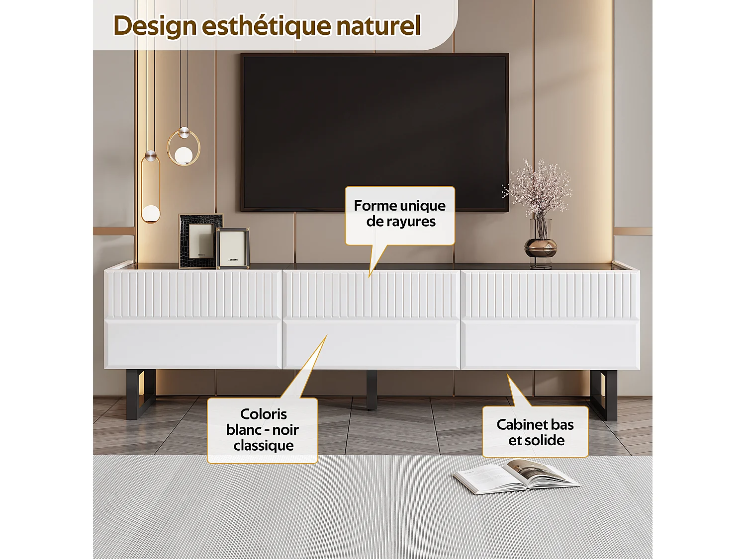 Moderner, niedriger TV-Ständer – 170 x 35 x 47 cm – mit 3 Schubladen – Klassisches Design – MDF – schwarz-weiß