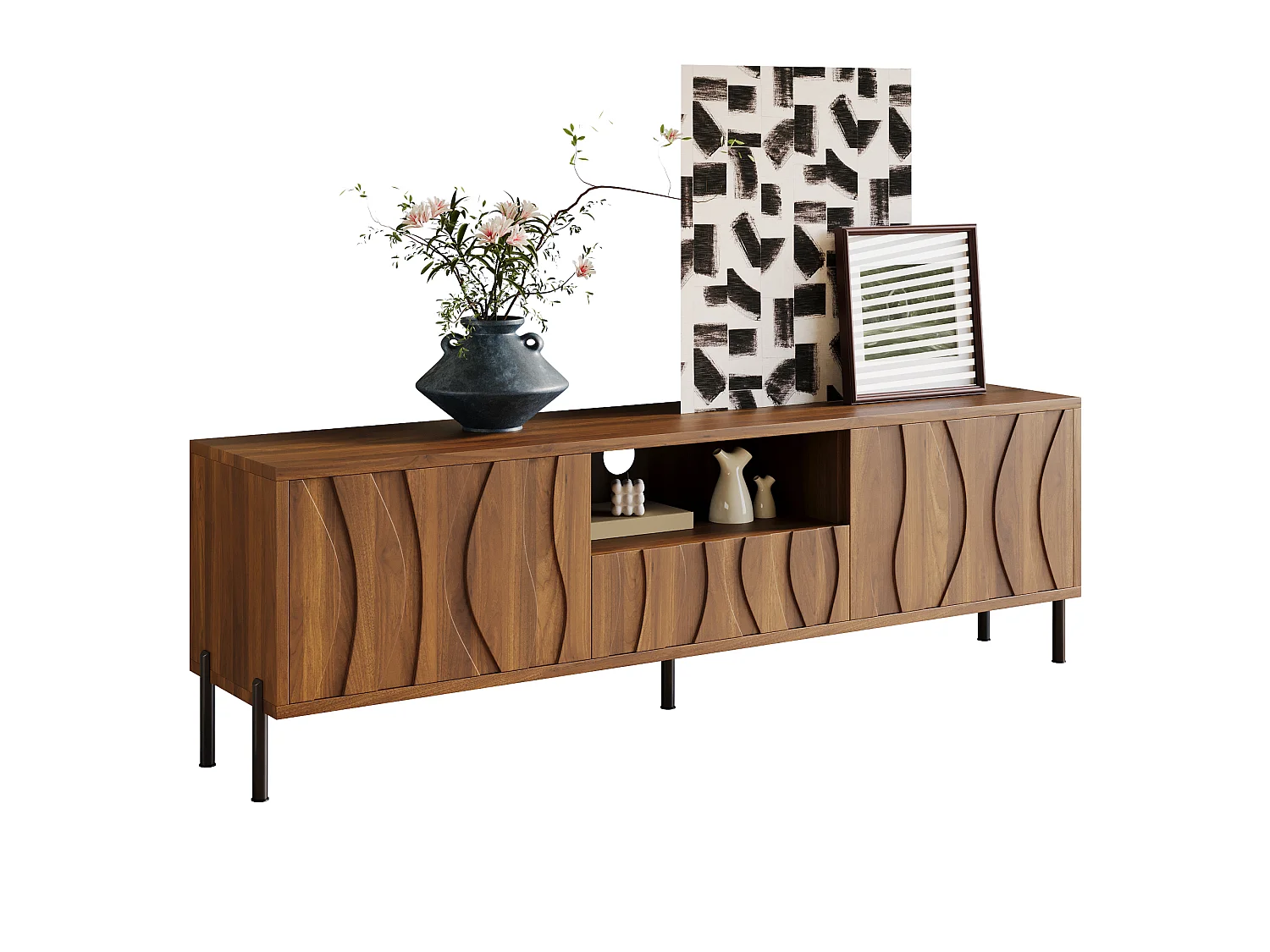 Low TV table with 3 doors - living room furniture - 160 x 35 x 46 cm - MDF - light natural